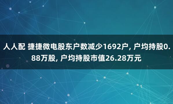 人人配 捷捷微电股东户数减少1692户, 户均持股0.88万股, 户均持股市值26.28万元